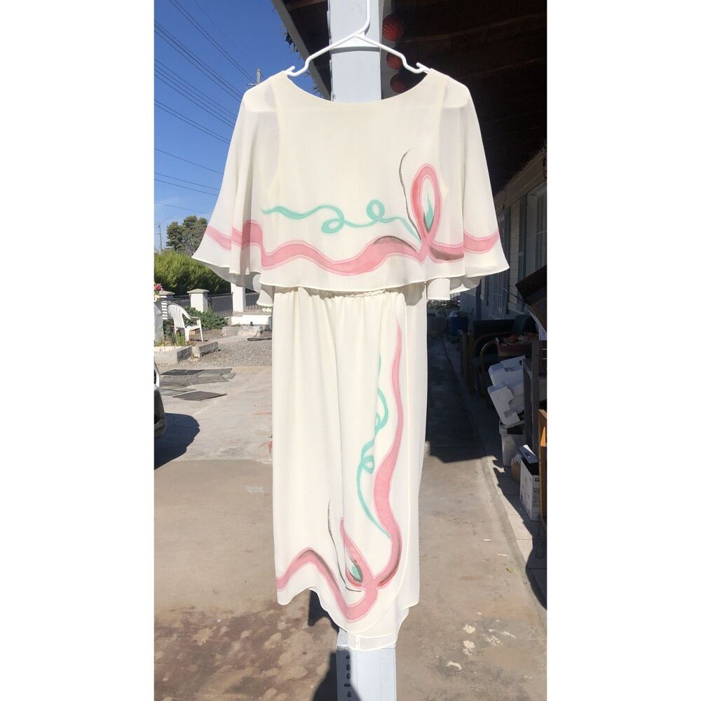 Vintage 70s Dina Bennett Inc Chiffon Capelet Dress Postmodern Midi Art To Wear M